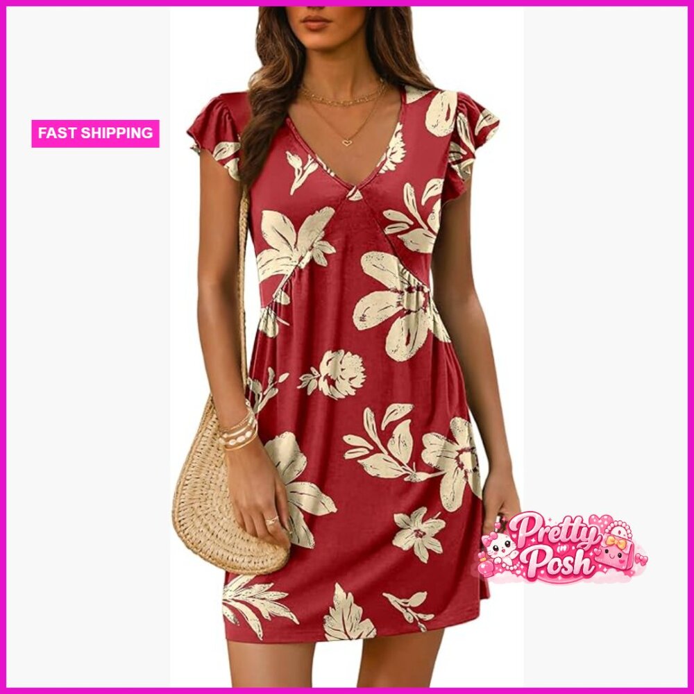 Polyester Elastane V-Neck Ruffle Sleeve Mini Sund… - image 1